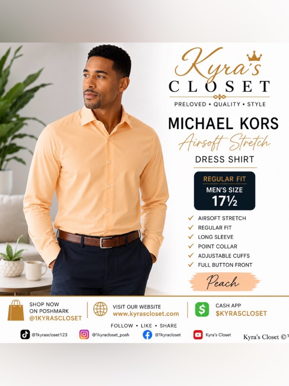 Michael Kors Airsoft Stretch Dress Shirt | Men’s Size 17½ | Regular Fit | Peach